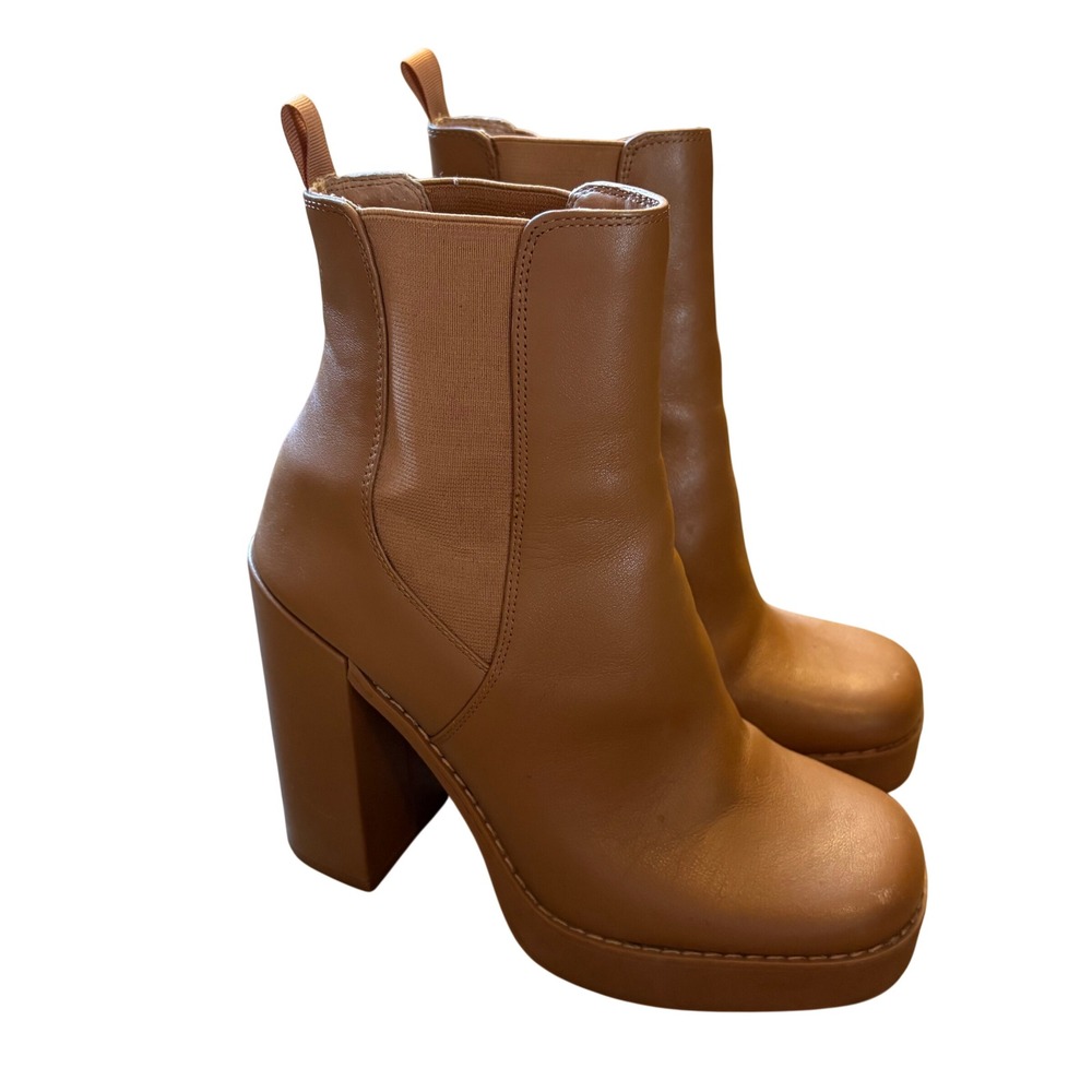 Steve Madden Womens Glam Chunky Round Toe Slip On Heeled Leather Boots